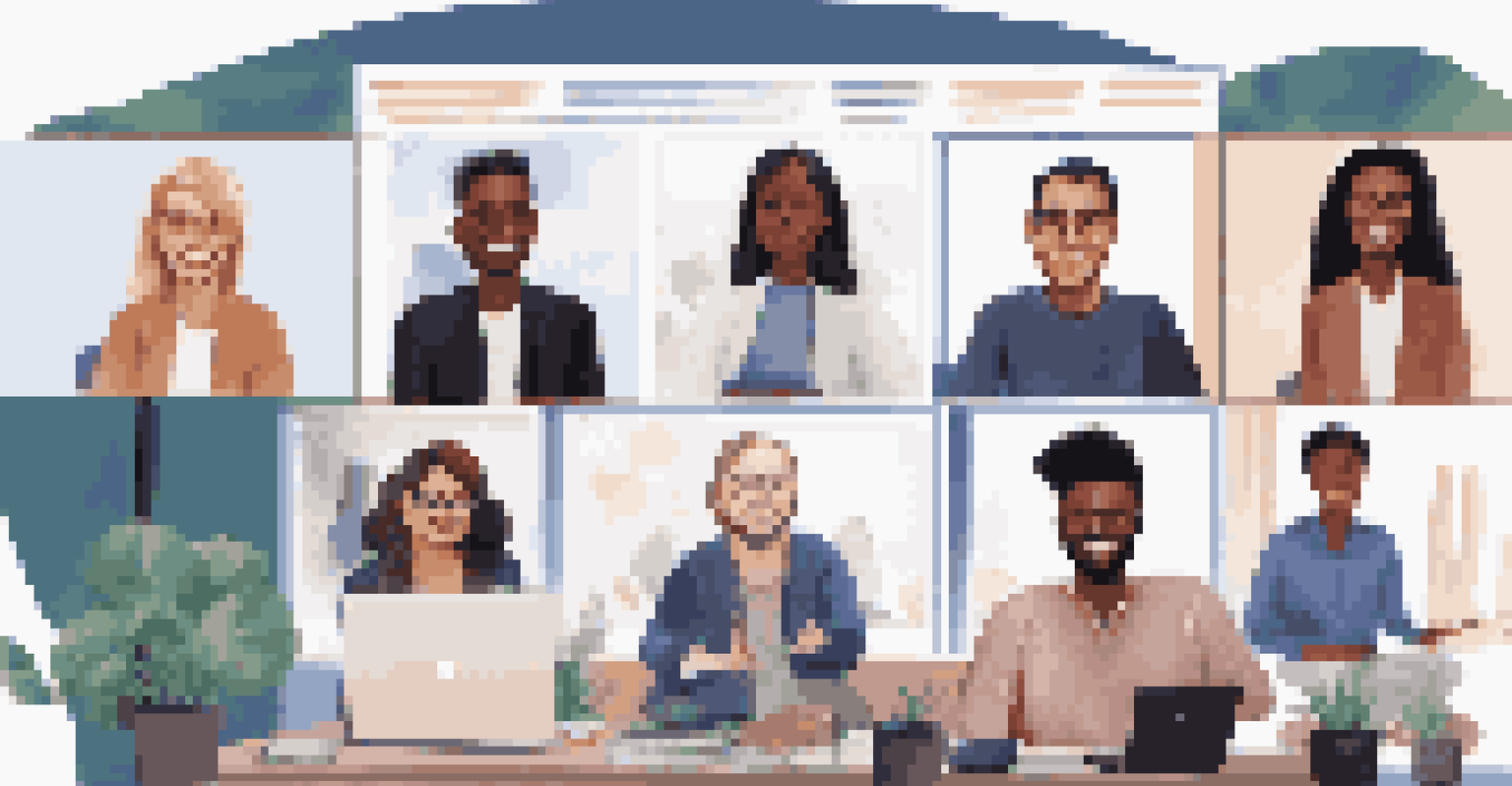 A virtual team meeting with diverse participants on a video call, each in their own home office.
