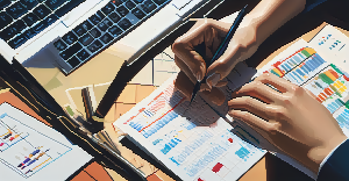 A person calculating data quality with a calculator and notepad, surrounded by graphs and charts, in a warmly lit setting.