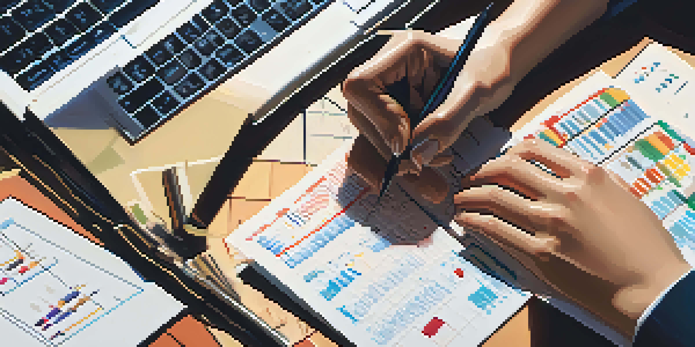 A person calculating data quality with a calculator and notepad, surrounded by graphs and charts, in a warmly lit setting.