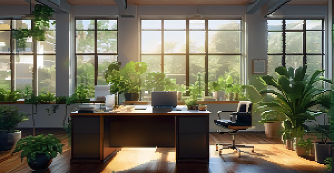 A bright and modern office workspace with a wooden desk, laptop, and plants. Sunlight shining through windows.