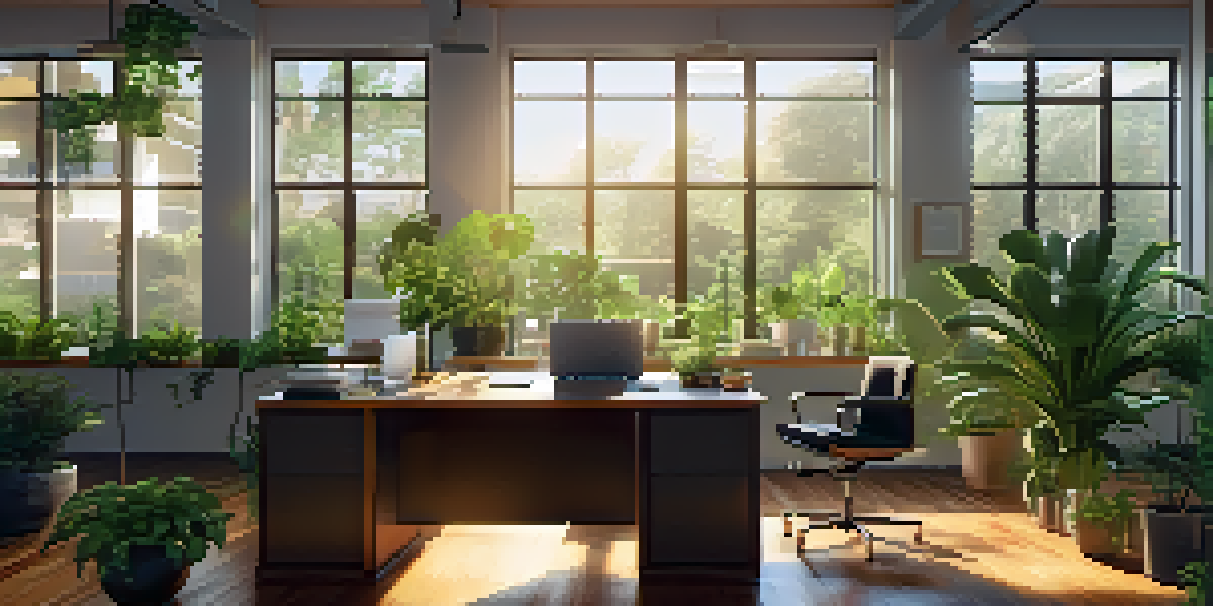 A bright and modern office workspace with a wooden desk, laptop, and plants. Sunlight shining through windows.