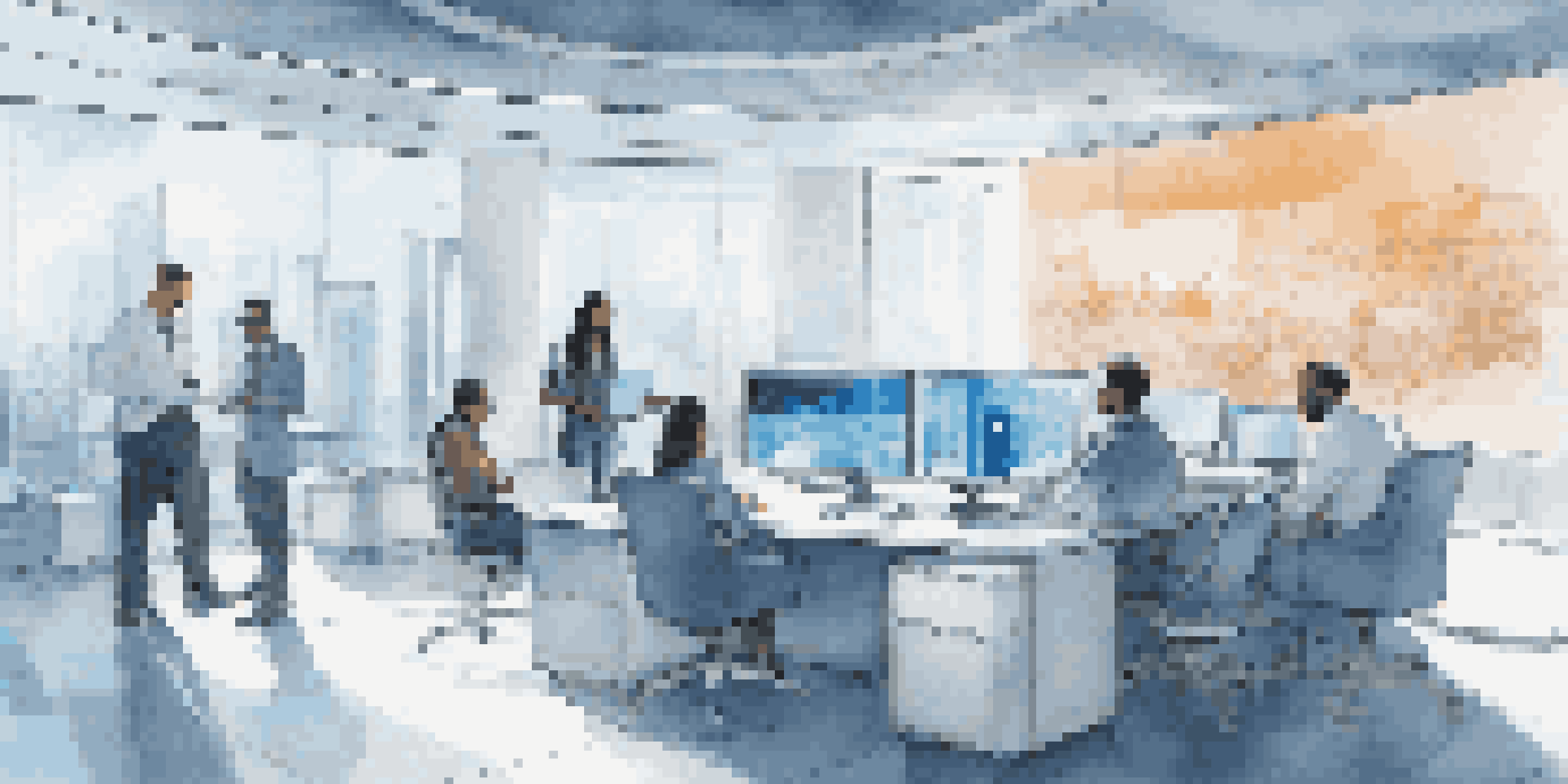 A modern office with digital displays showcasing data analysis, featuring a diverse team of professionals collaborating around a table.