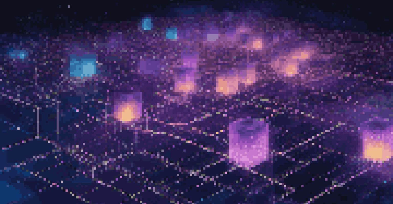An artistic representation of a glowing blockchain network with interconnected blocks in a dark space.