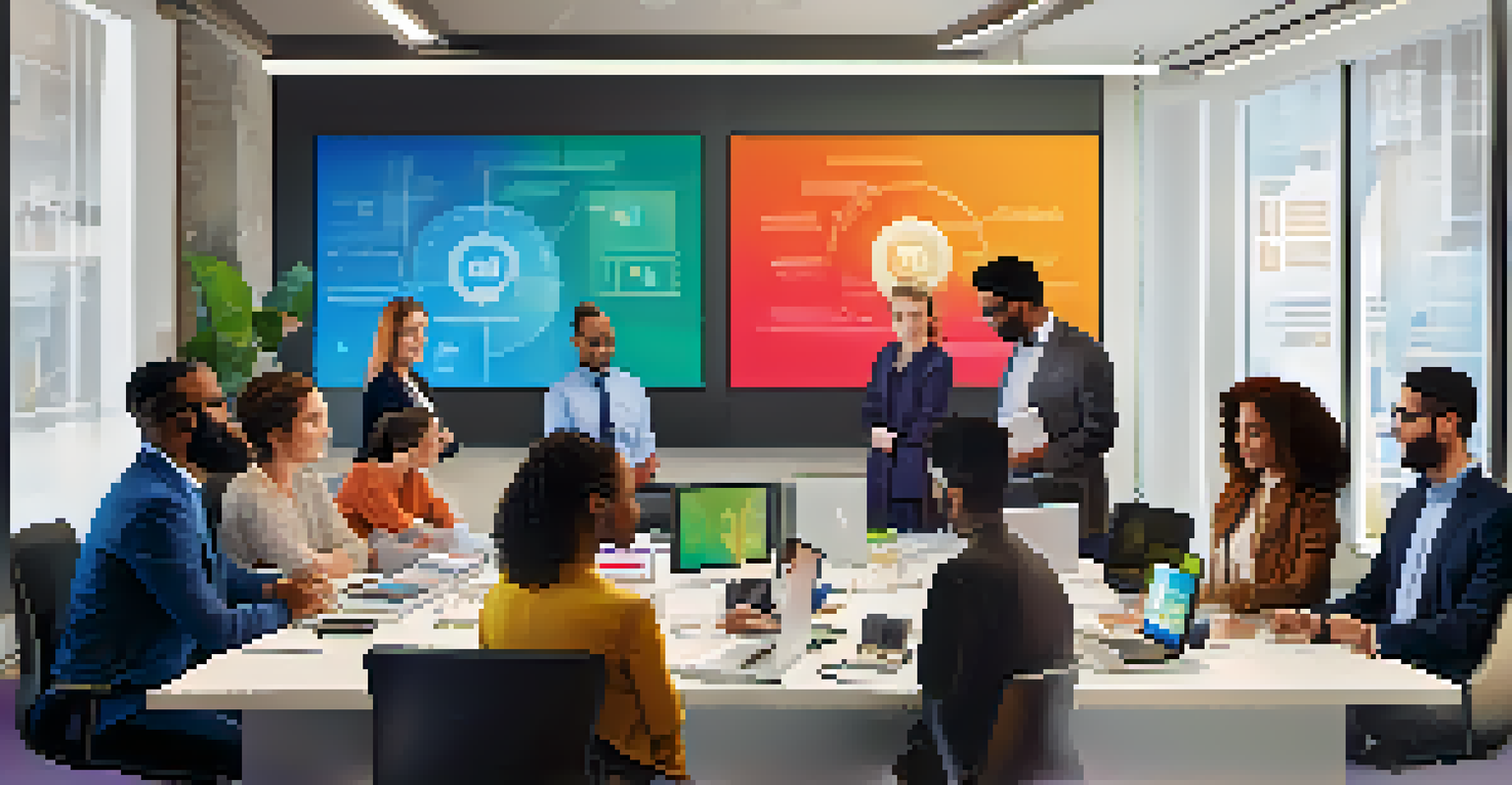A diverse team collaborating around a conference table, discussing a digital asset management system with a large screen displaying assets.