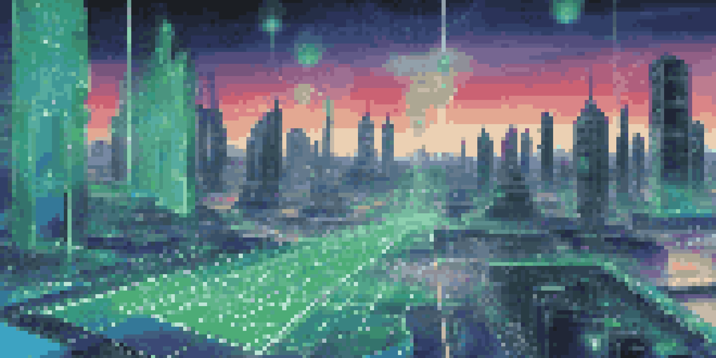 A futuristic digital landscape showing quantum cryptography with glowing qubits and a city skyline.