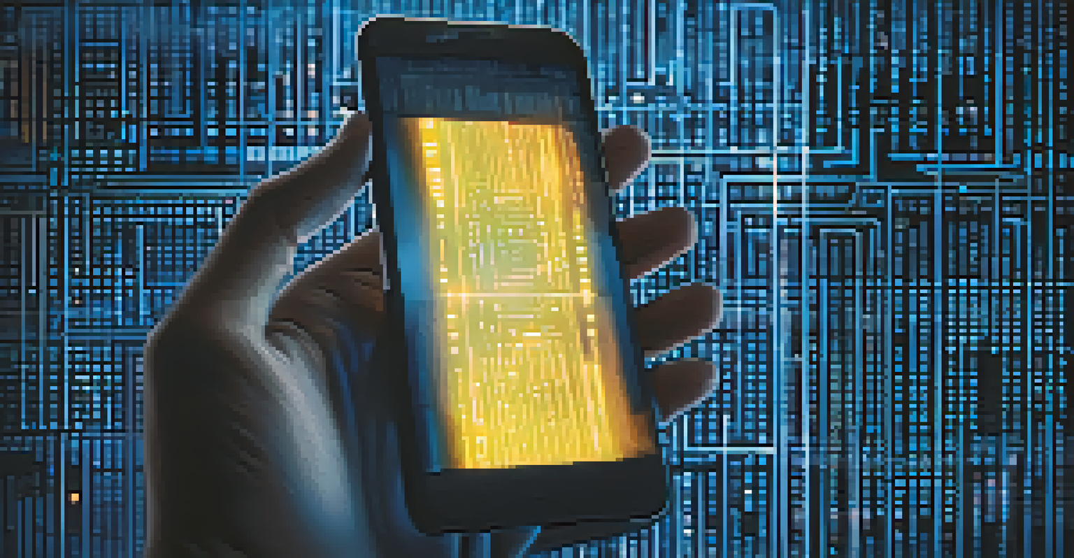 A close-up of a smartphone with encrypted data, symbolizing challenges in digital forensics, with a hand hovering above it.