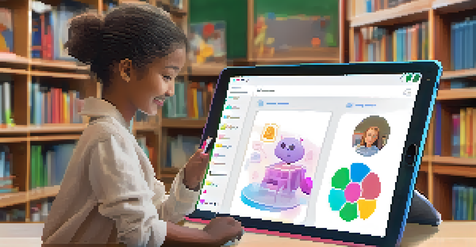 A teacher and a student interacting with an AI chatbot on a tablet in a cozy study area filled with books and decorations.