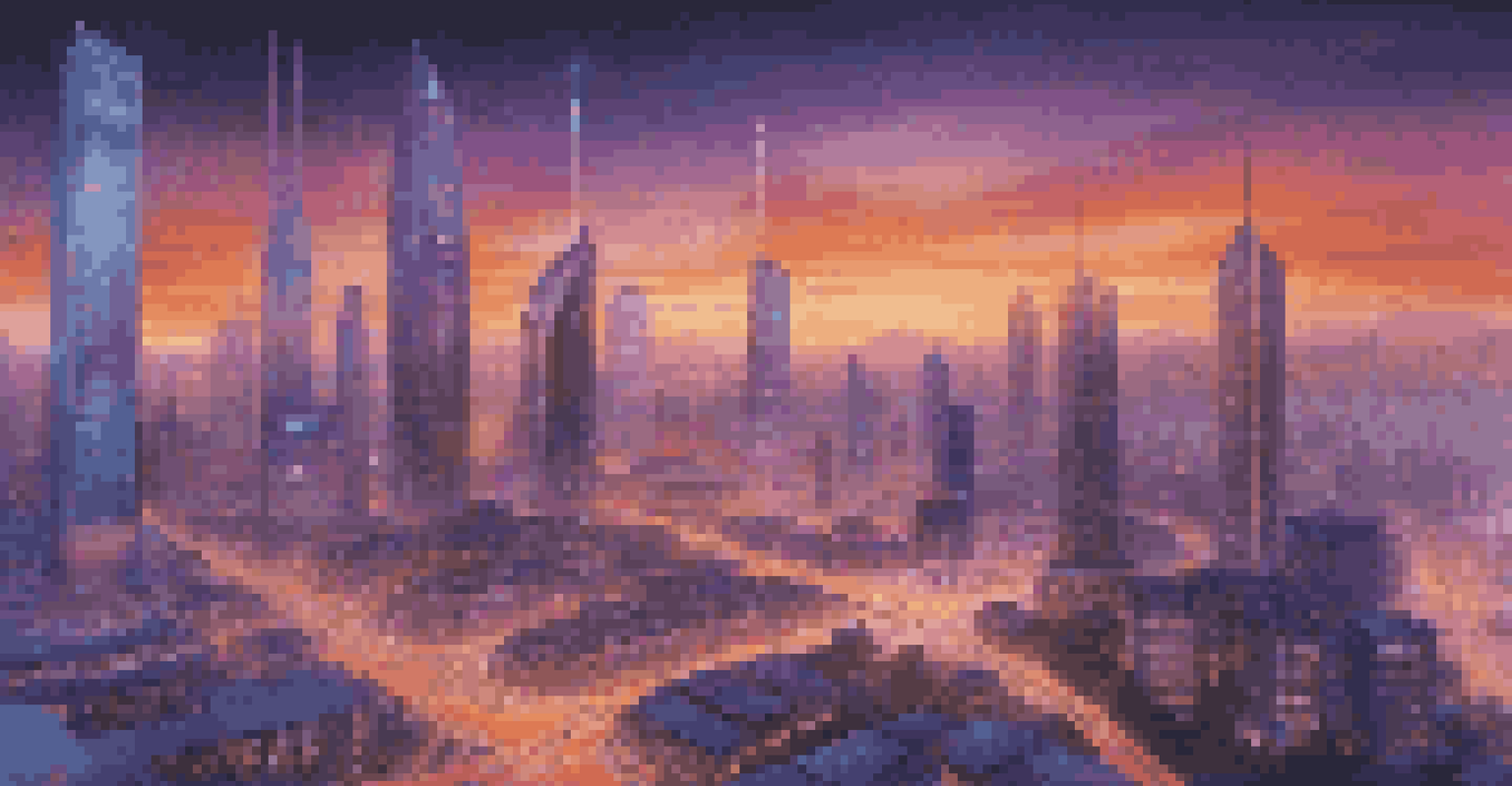 A futuristic smart city skyline with digital twin overlays on buildings at dusk.