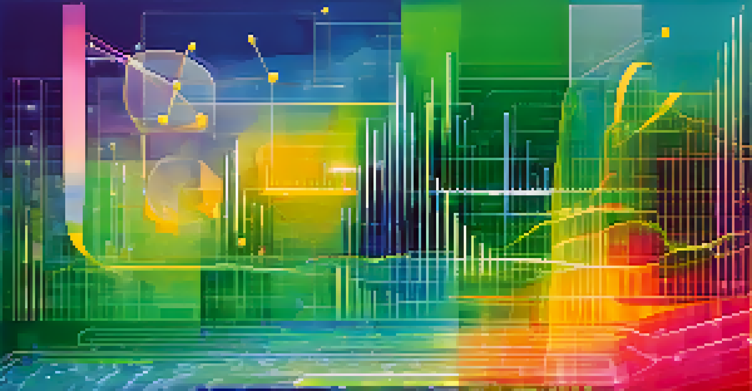 An abstract image featuring colorful graphs and pie charts on a blue-green gradient background, symbolizing data analytics.