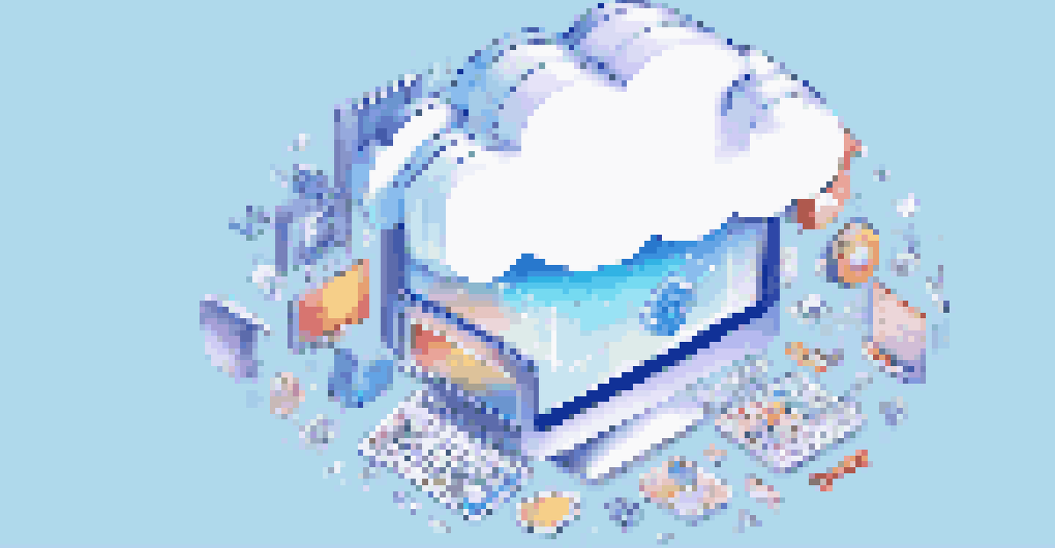 An illustration showing cloud computing with icons representing data integrity tools, including security and validation symbols, against a light blue gradient background.