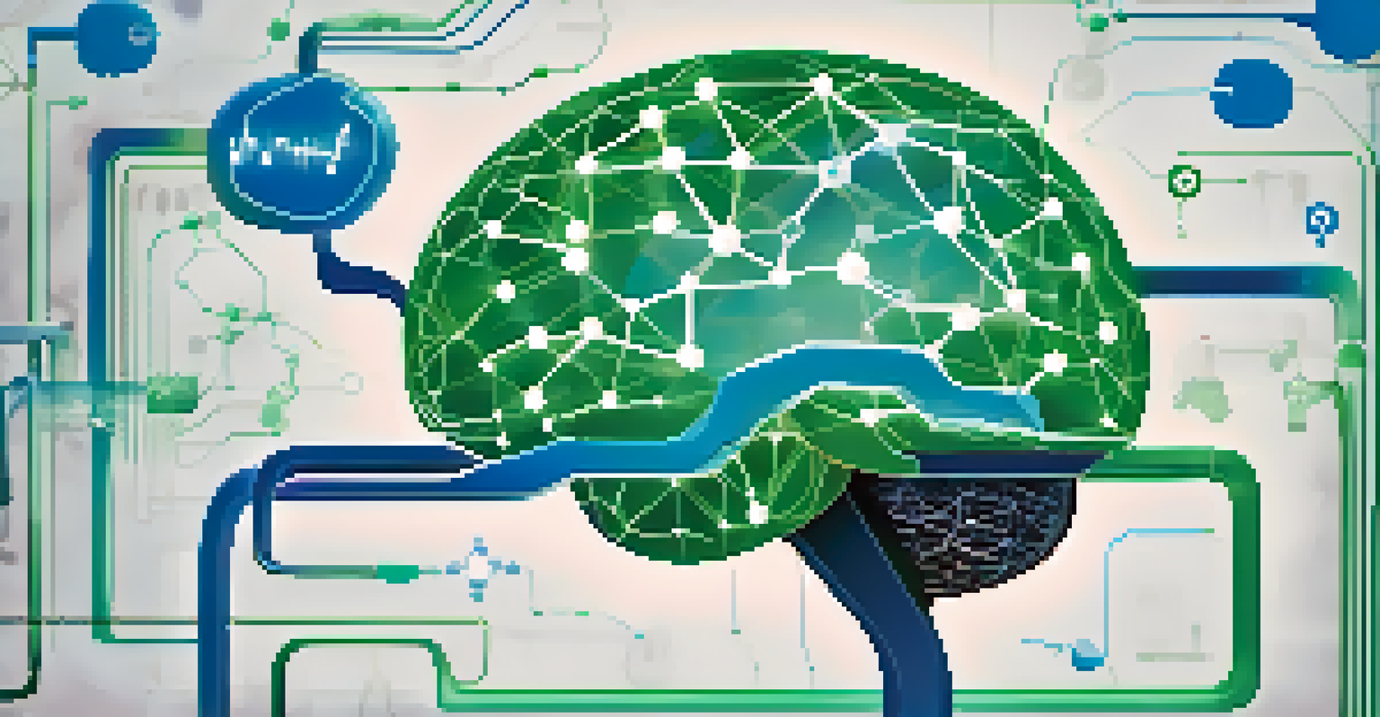 An abstract illustration of Natural Language Processing in healthcare, showing interconnected nodes and medical symbols in a brain shape on a blue-green gradient background.