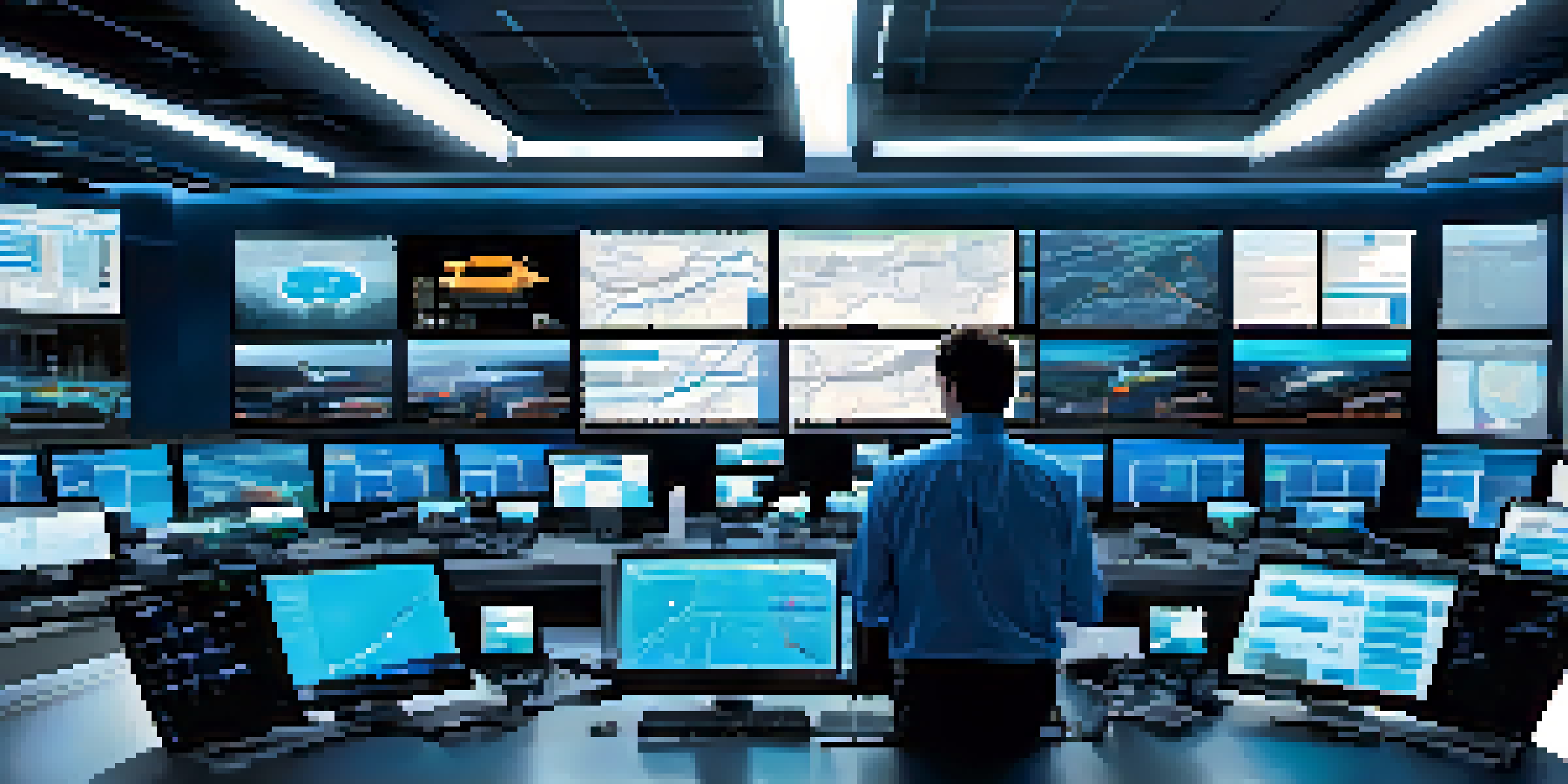 A control room with screens showing vehicle data and a fleet manager at work in a high-tech environment.