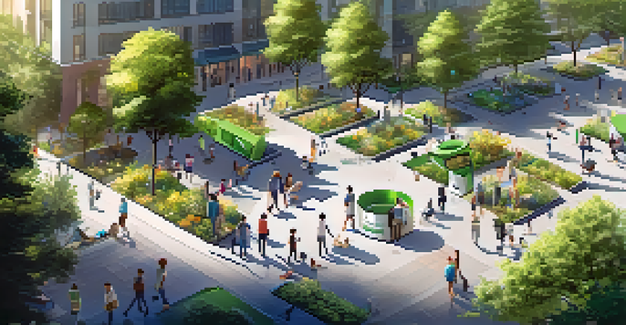 An aerial view of a city park featuring smart waste bins and people enjoying the outdoors, highlighting the harmony between nature and technology.