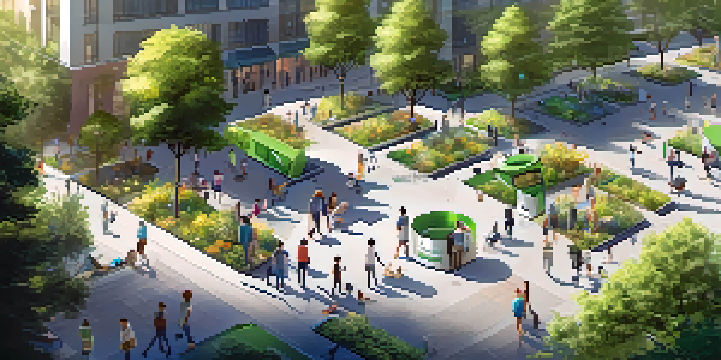 An aerial view of a city park featuring smart waste bins and people enjoying the outdoors, highlighting the harmony between nature and technology.