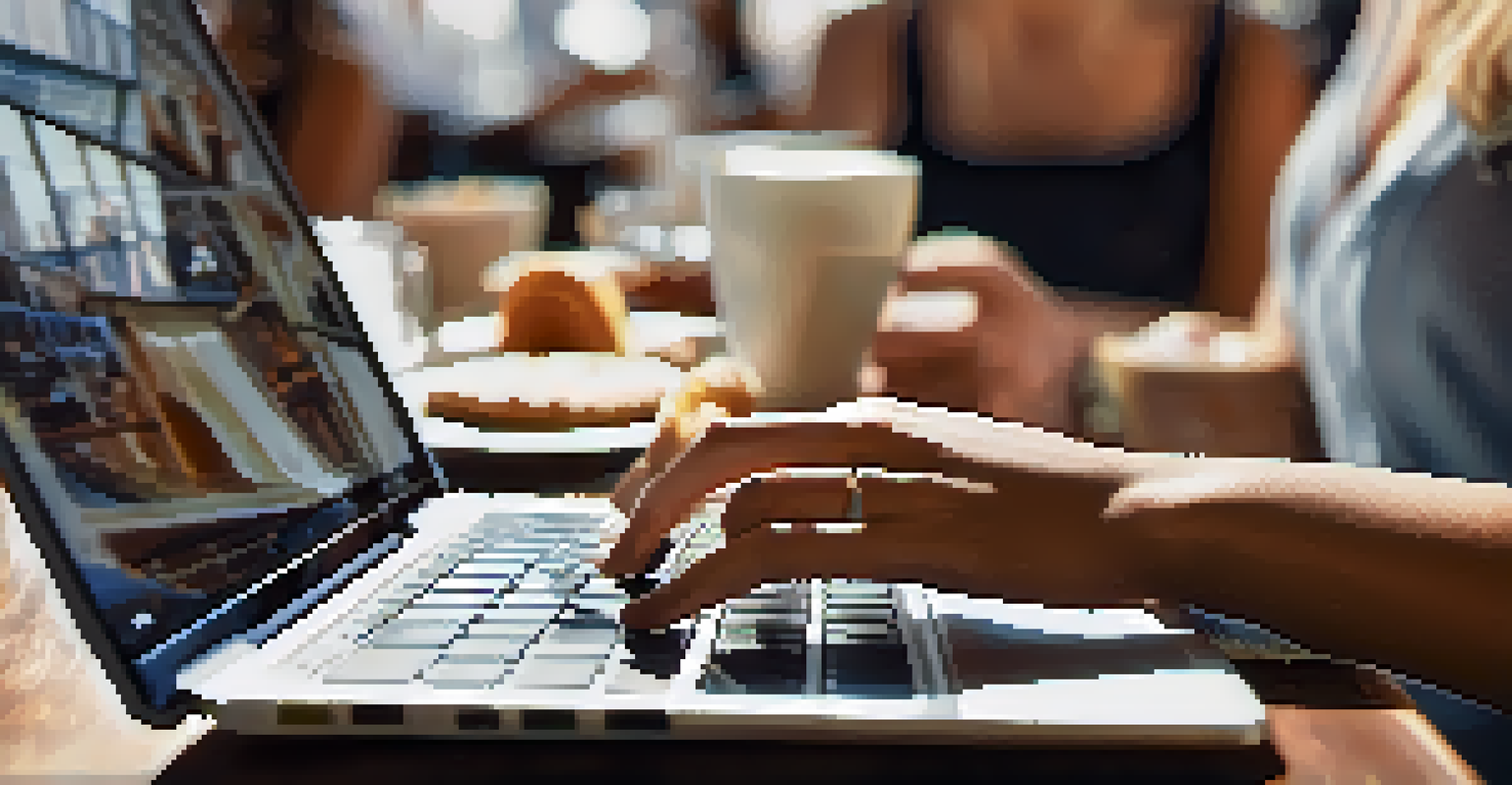 A close-up of hands typing on a laptop in a cafe, with a blurred background of coffee cups and pastries.
