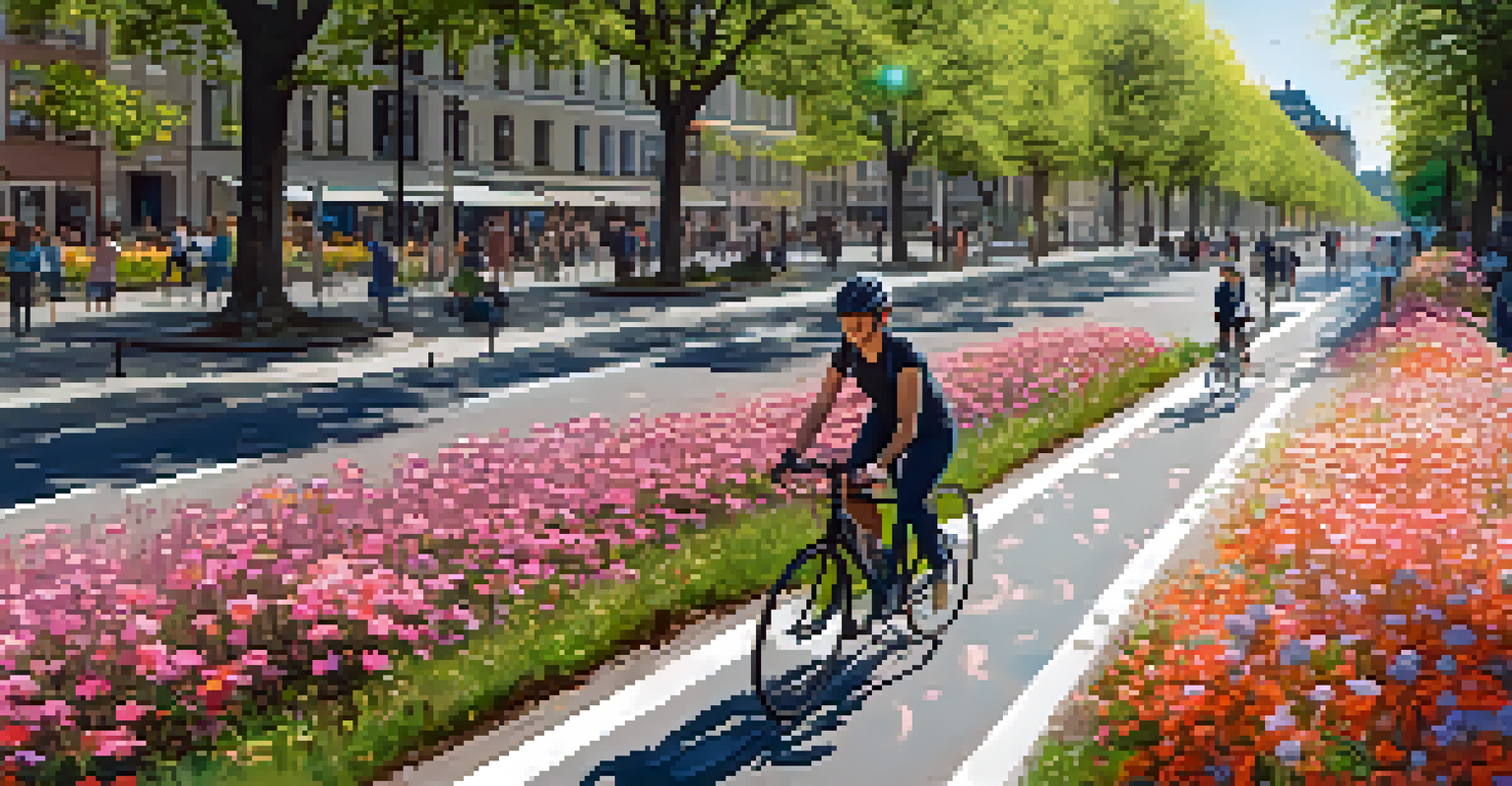 A cyclist riding in Copenhagen along a smart bike lane surrounded by flowers and trees, depicting the city's sustainable initiatives.