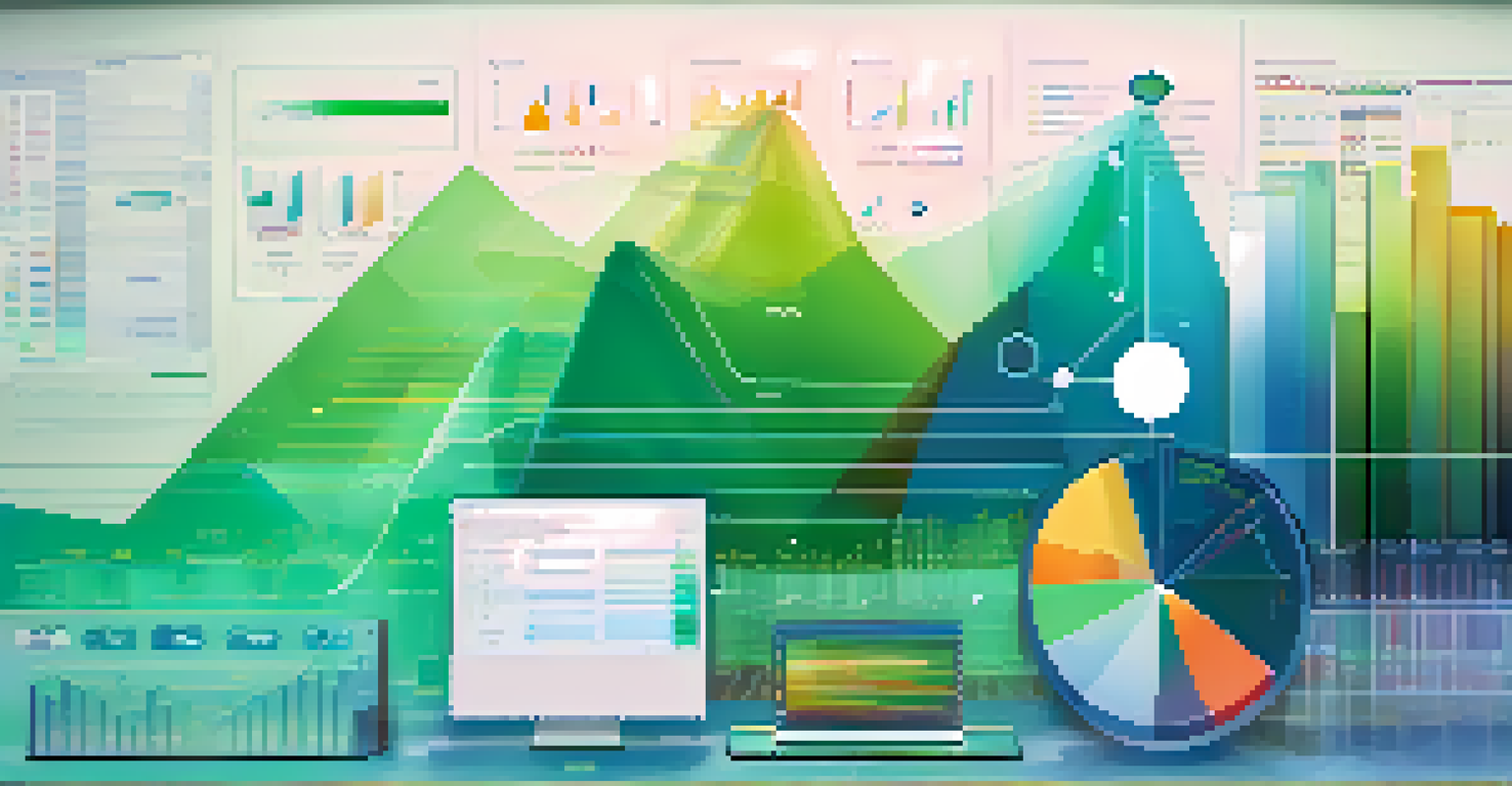 An abstract digital dashboard displaying colorful graphs and charts on a blue and green background.