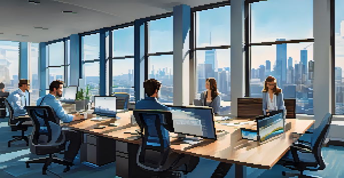 A diverse group of employees collaborating in a modern office with large windows overlooking a city skyline.