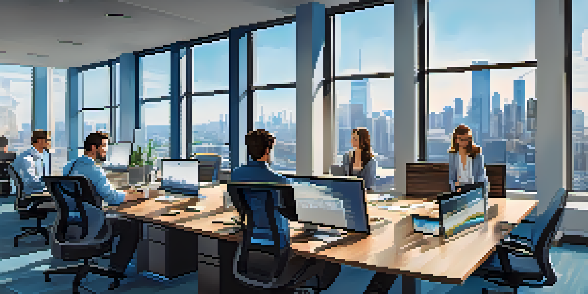 A diverse group of employees collaborating in a modern office with large windows overlooking a city skyline.