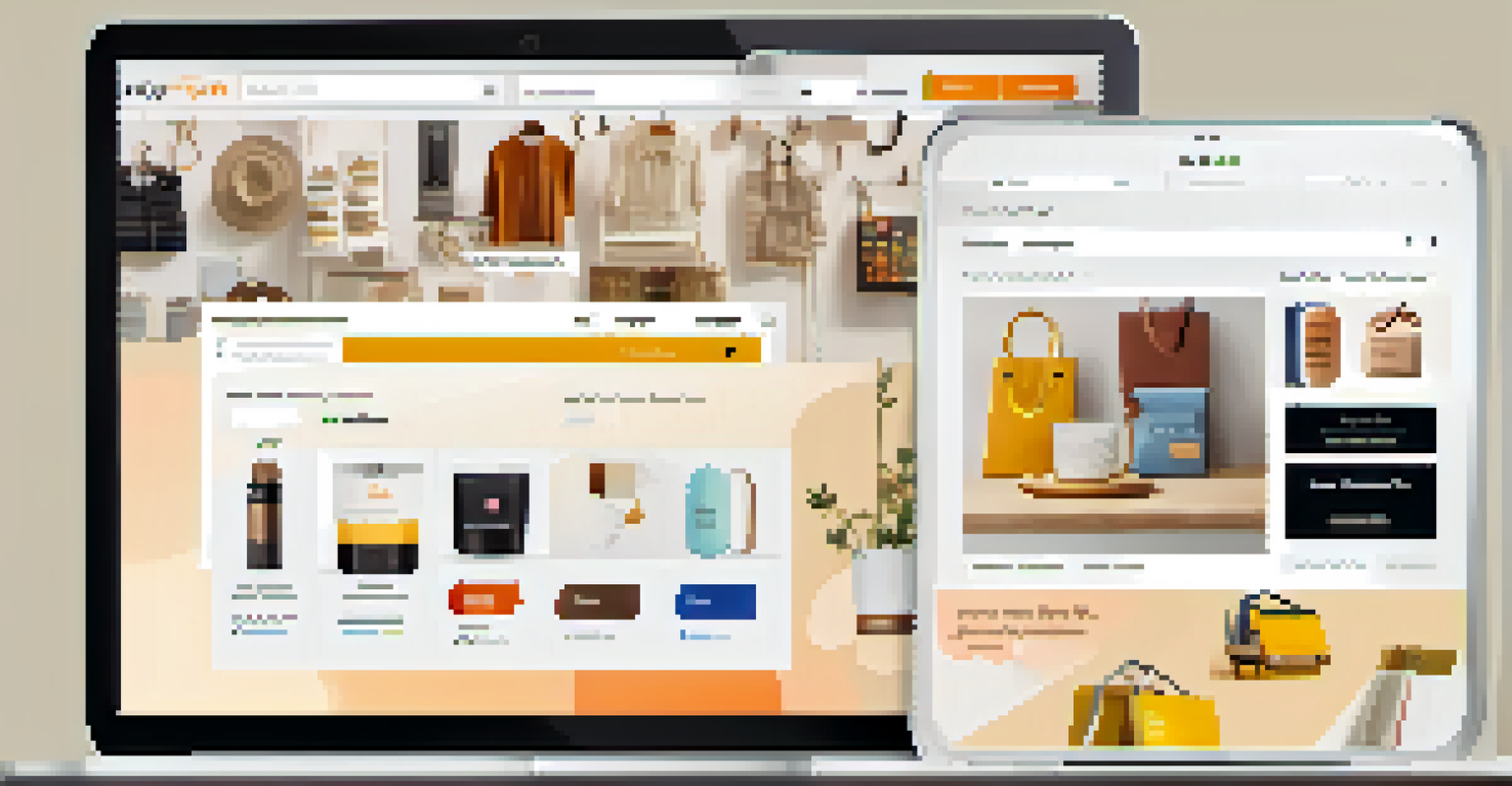 A laptop displaying an e-commerce website with personalized product recommendations, surrounded by shopping items like a notebook and coffee cup.