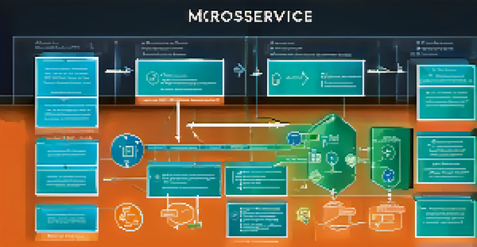 A close-up view of a modern microservices architecture diagram with various services and communication arrows, featuring a blue, green, and orange color scheme.