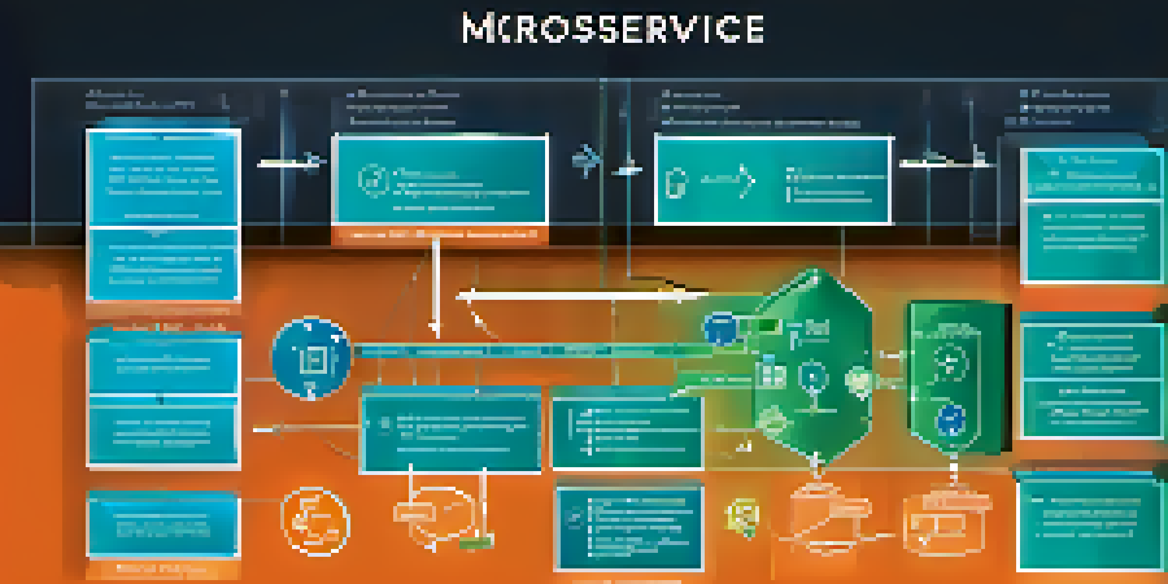 A close-up view of a modern microservices architecture diagram with various services and communication arrows, featuring a blue, green, and orange color scheme.