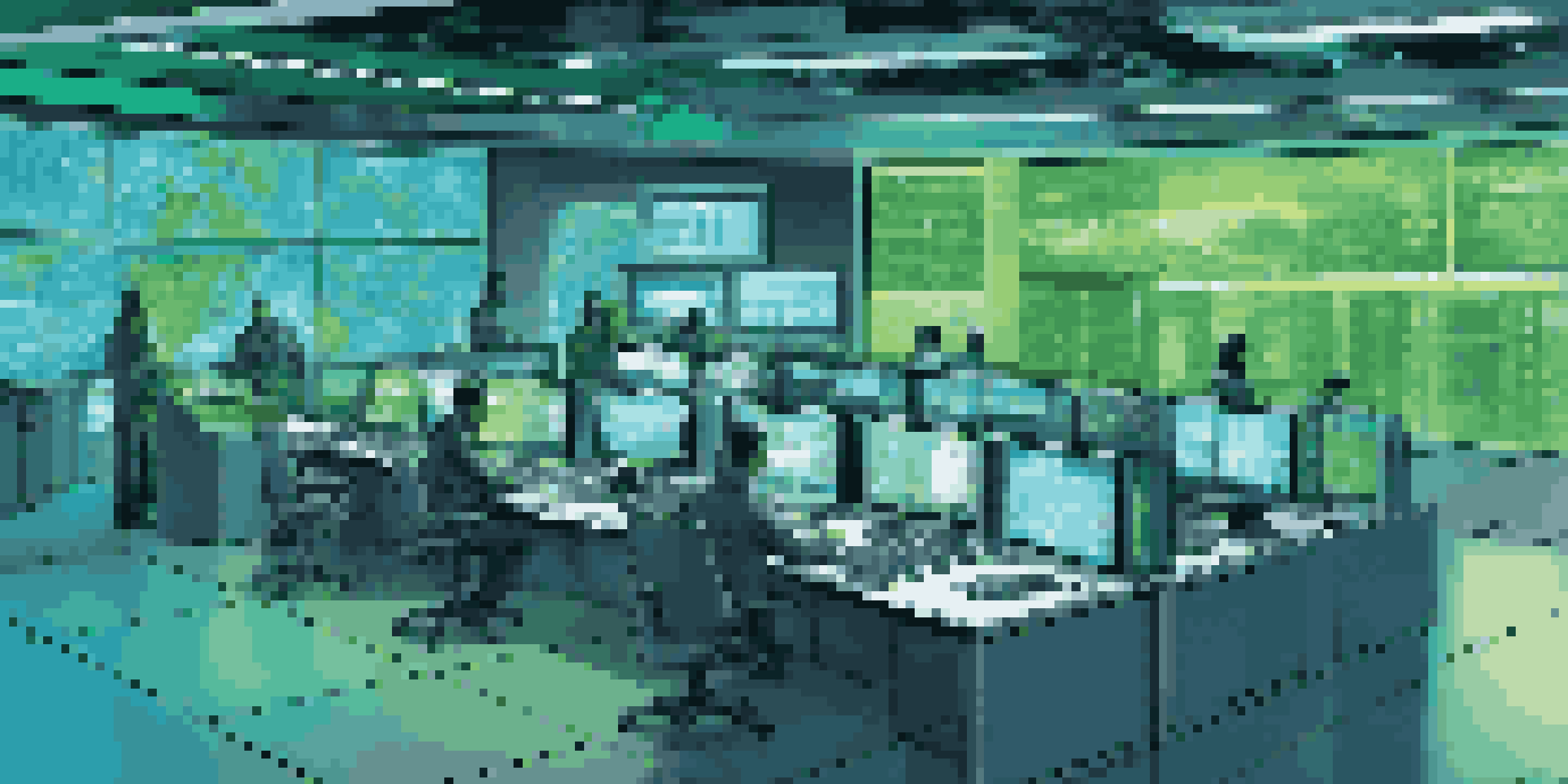 A modern telecommunications control room with engineers working and screens showing data analytics.