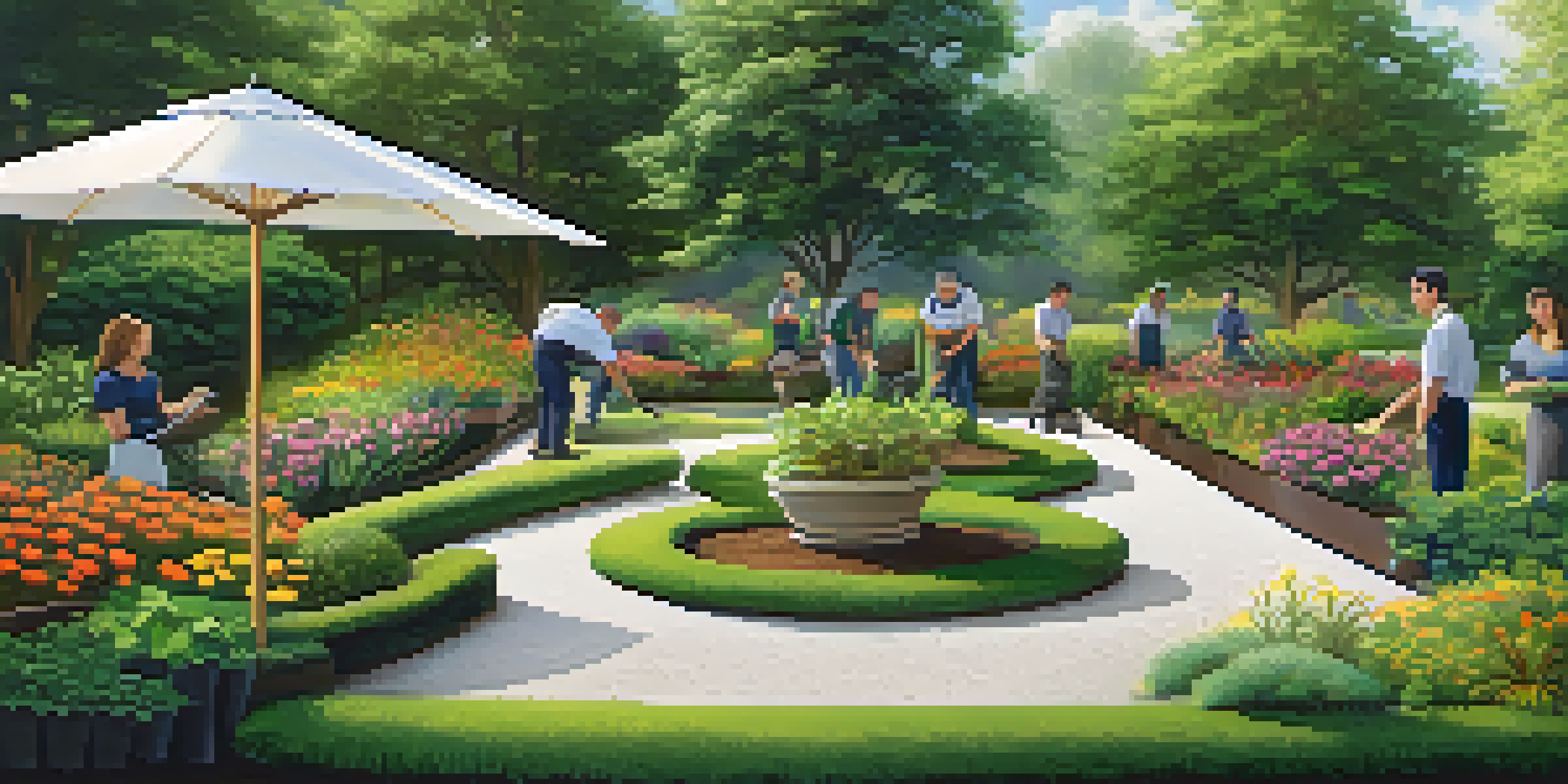 A group of diverse employees planting seeds in a garden, representing collaboration and growth of ideas.