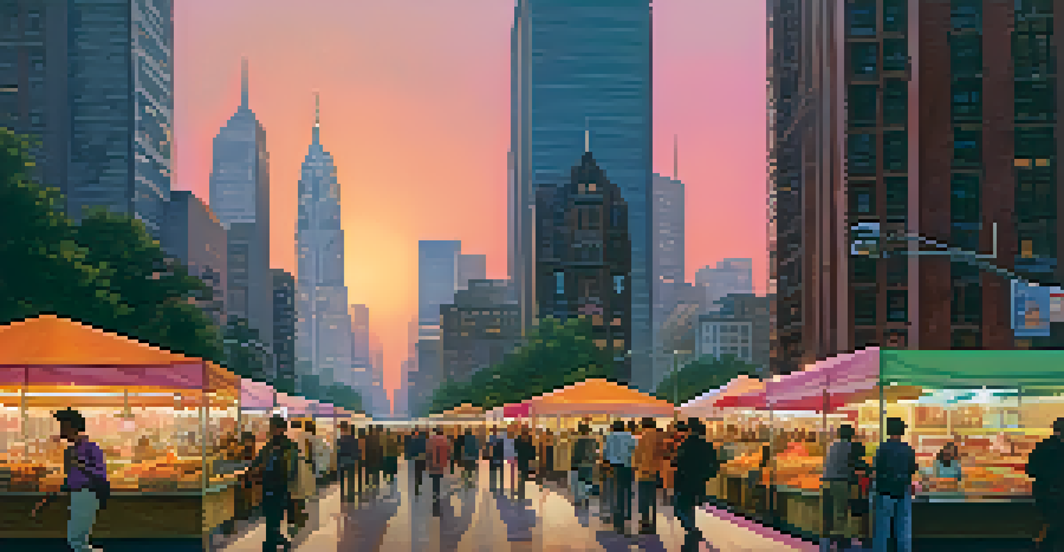 A vibrant cityscape at sunset with reflecting skyscrapers, pedestrians, and street vendors.