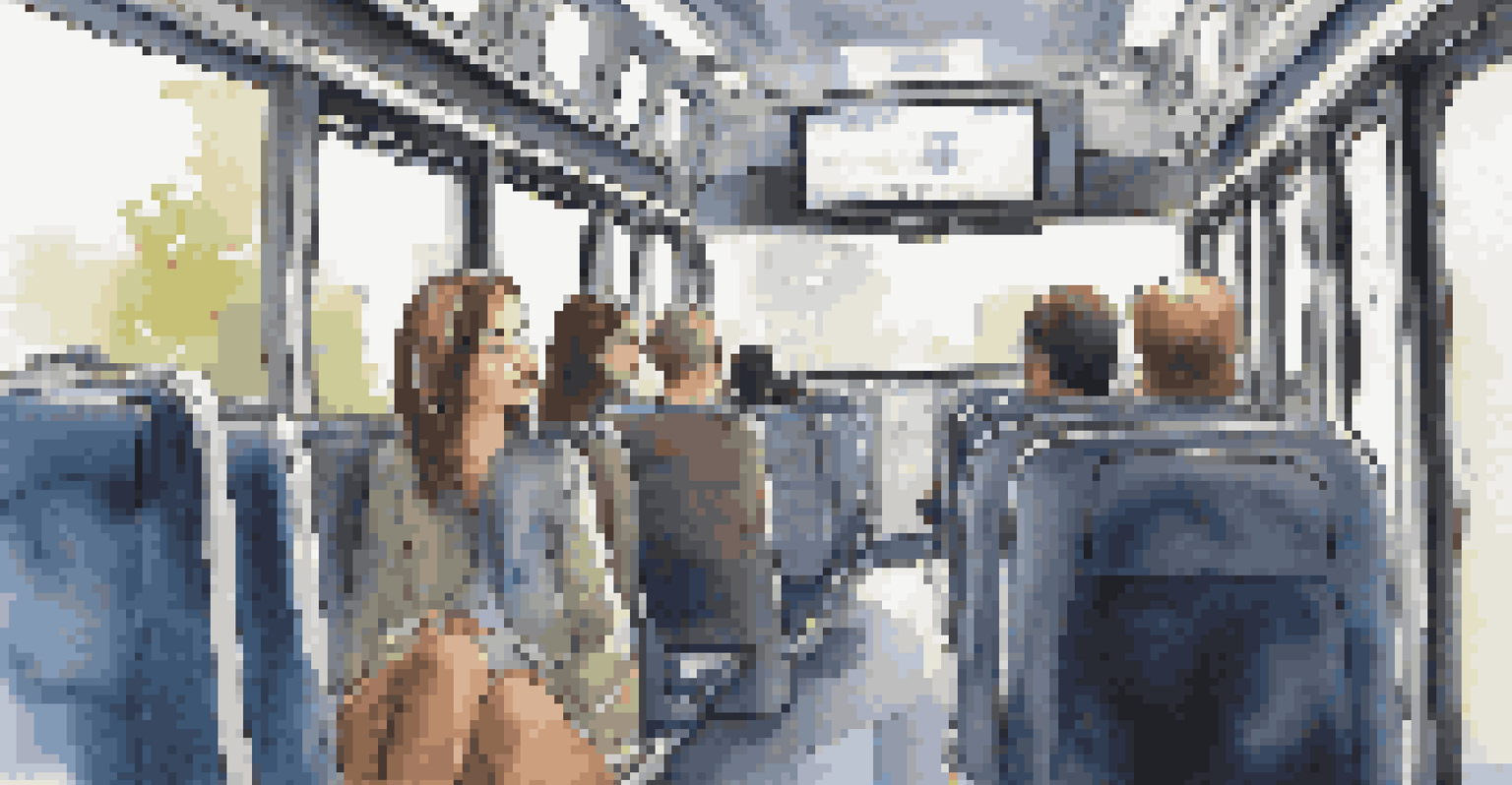 Interior view of a modern bus with passengers, featuring real-time updates on a digital display and bright, welcoming lighting.