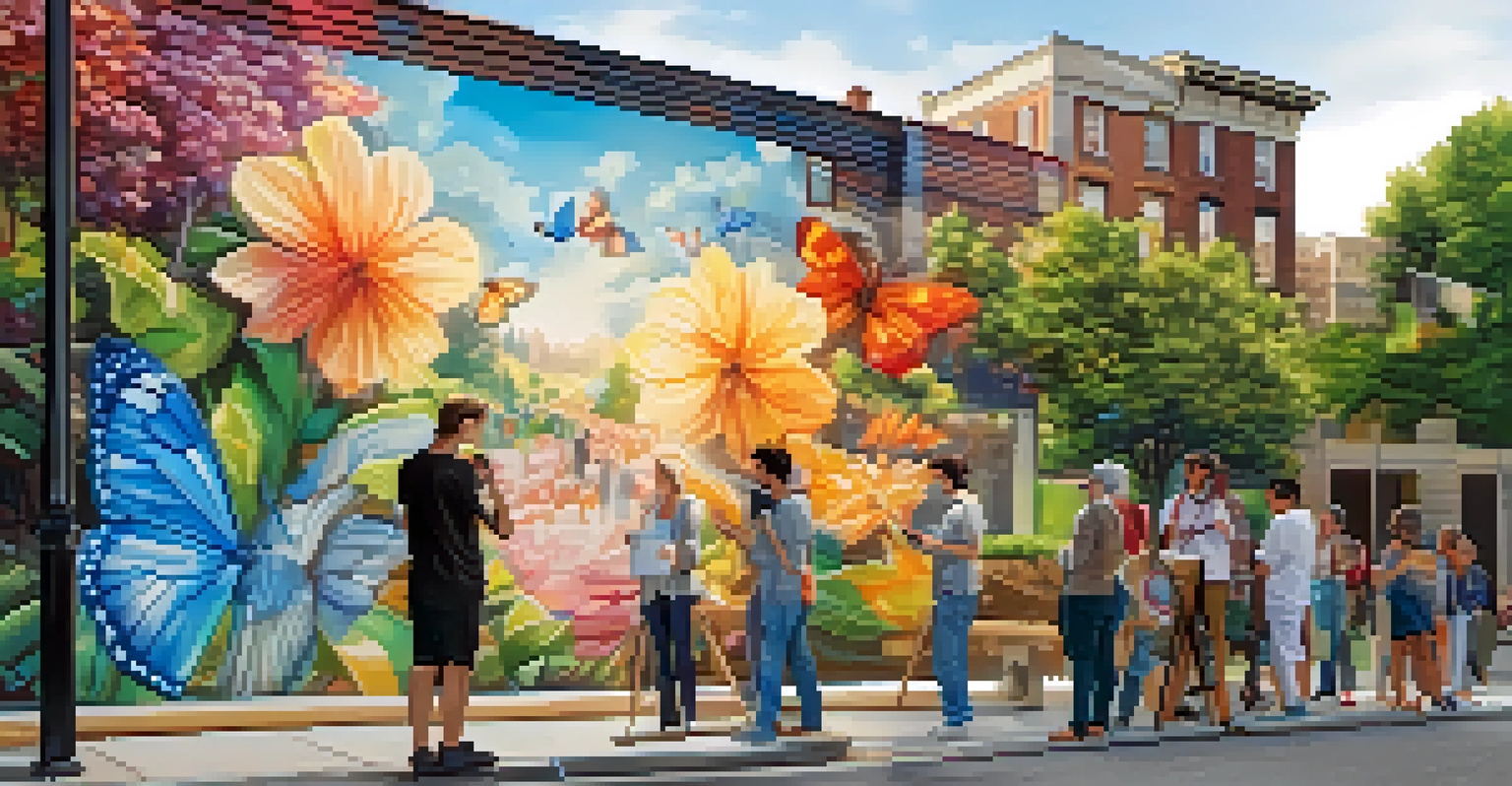 A street corner with an augmented reality mural and digital butterflies, capturing the interaction of technology and art.