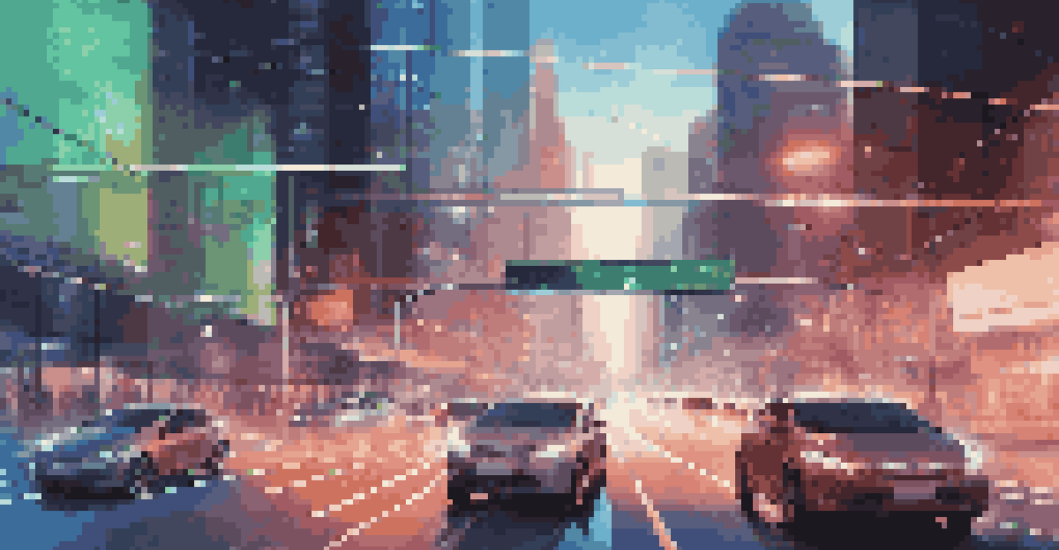 A futuristic cityscape with vehicles communicating with traffic lights, represented by glowing digital connections.