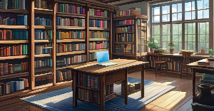 A cozy library with wooden shelves filled with books, a sunny window, and a table with a laptop and a cup of coffee.
