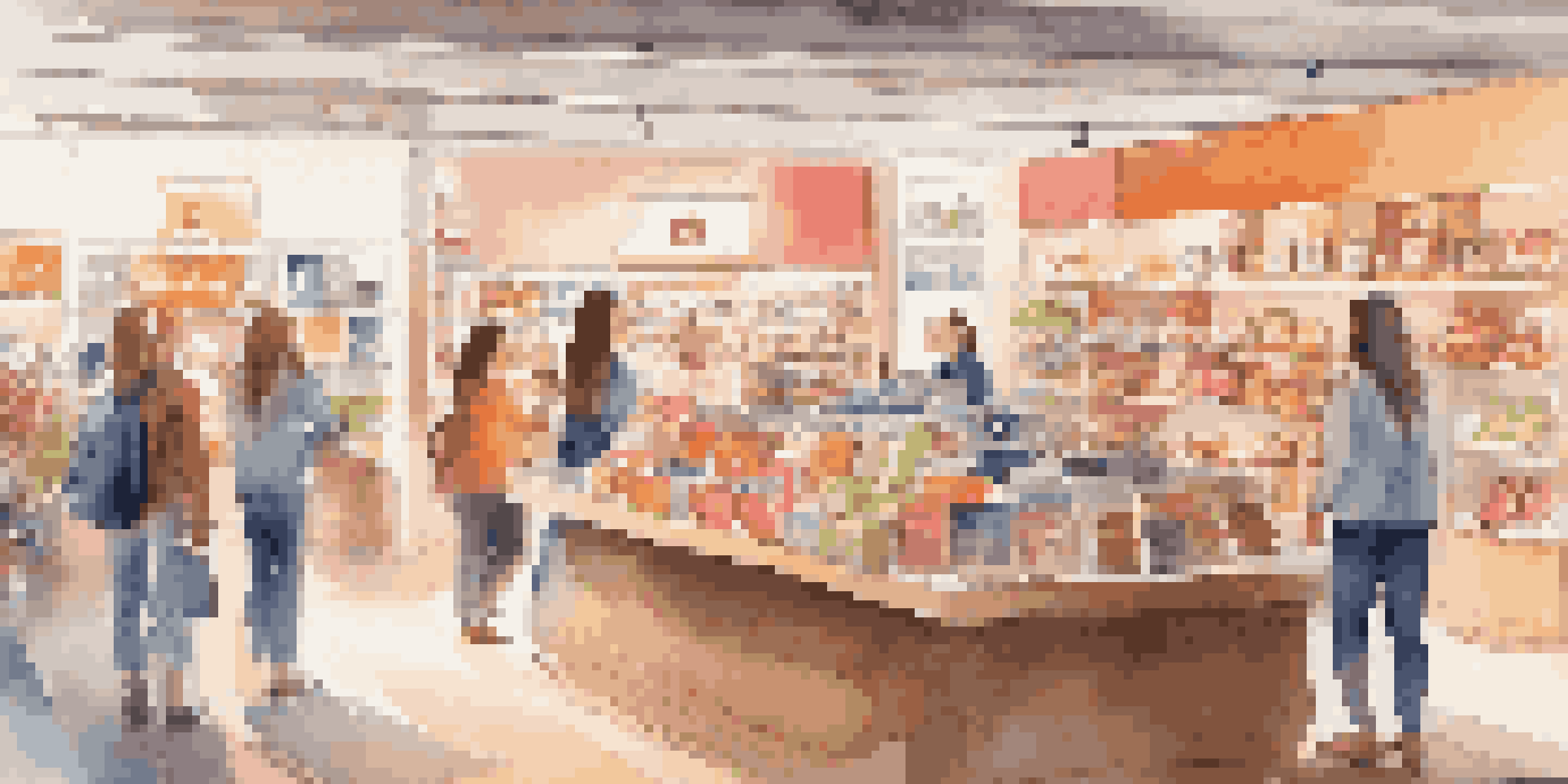 A brightly lit e-commerce store filled with various colorful products and customers interacting with them.