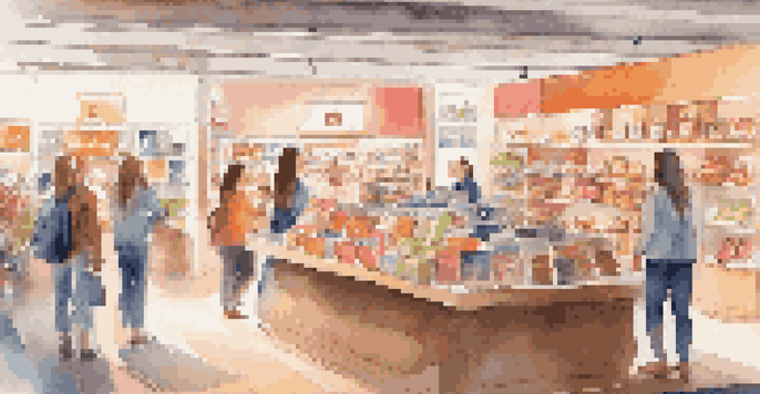 A brightly lit e-commerce store filled with various colorful products and customers interacting with them.