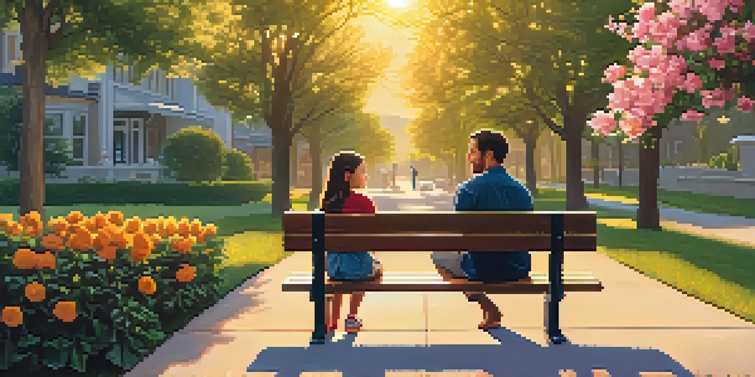 A parent and child talking in a park about digital privacy, with trees and flowers around them, illuminated by sunset light.