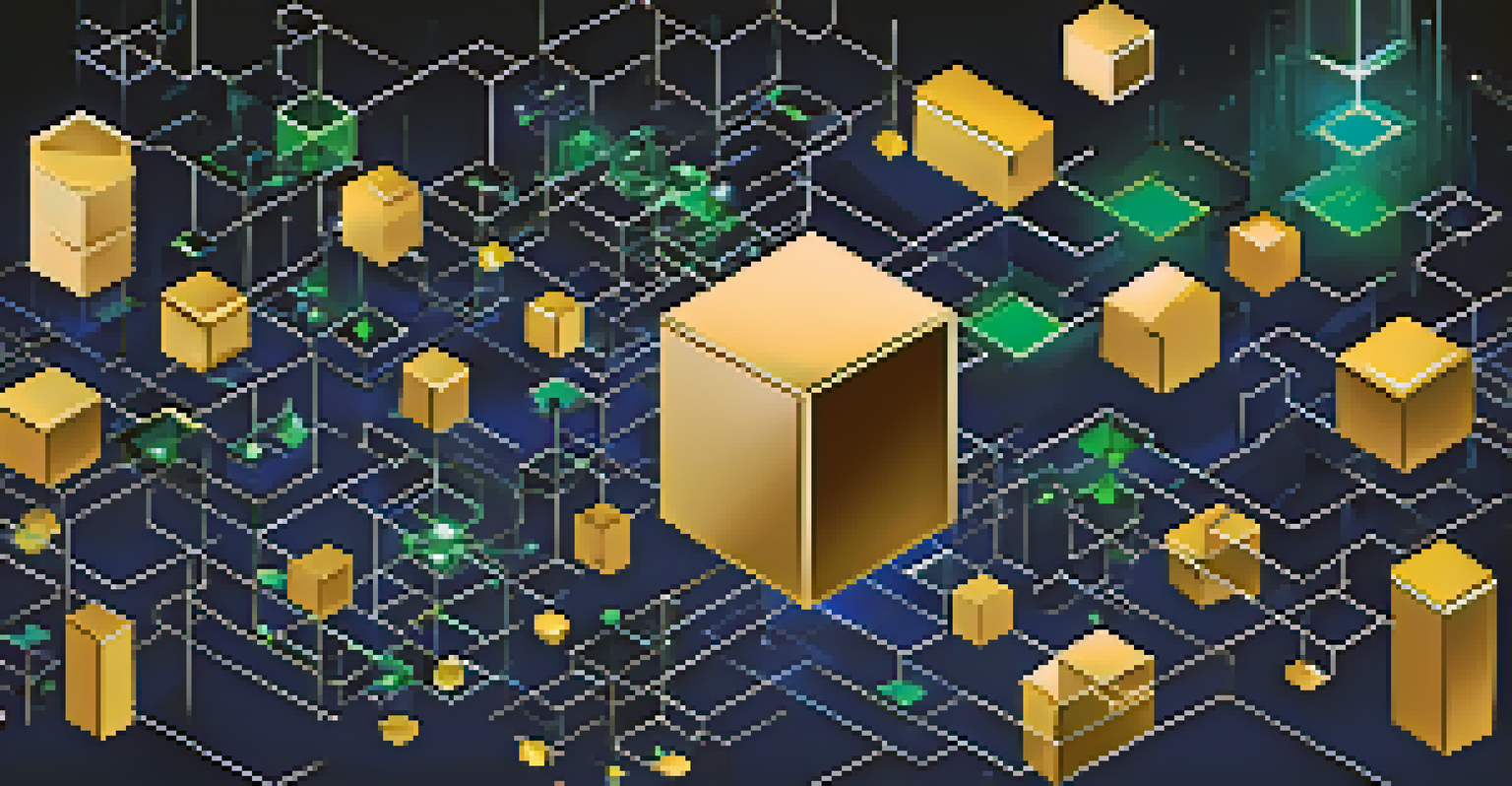 An abstract image of interconnected glowing blocks representing blockchain technology in digital space.