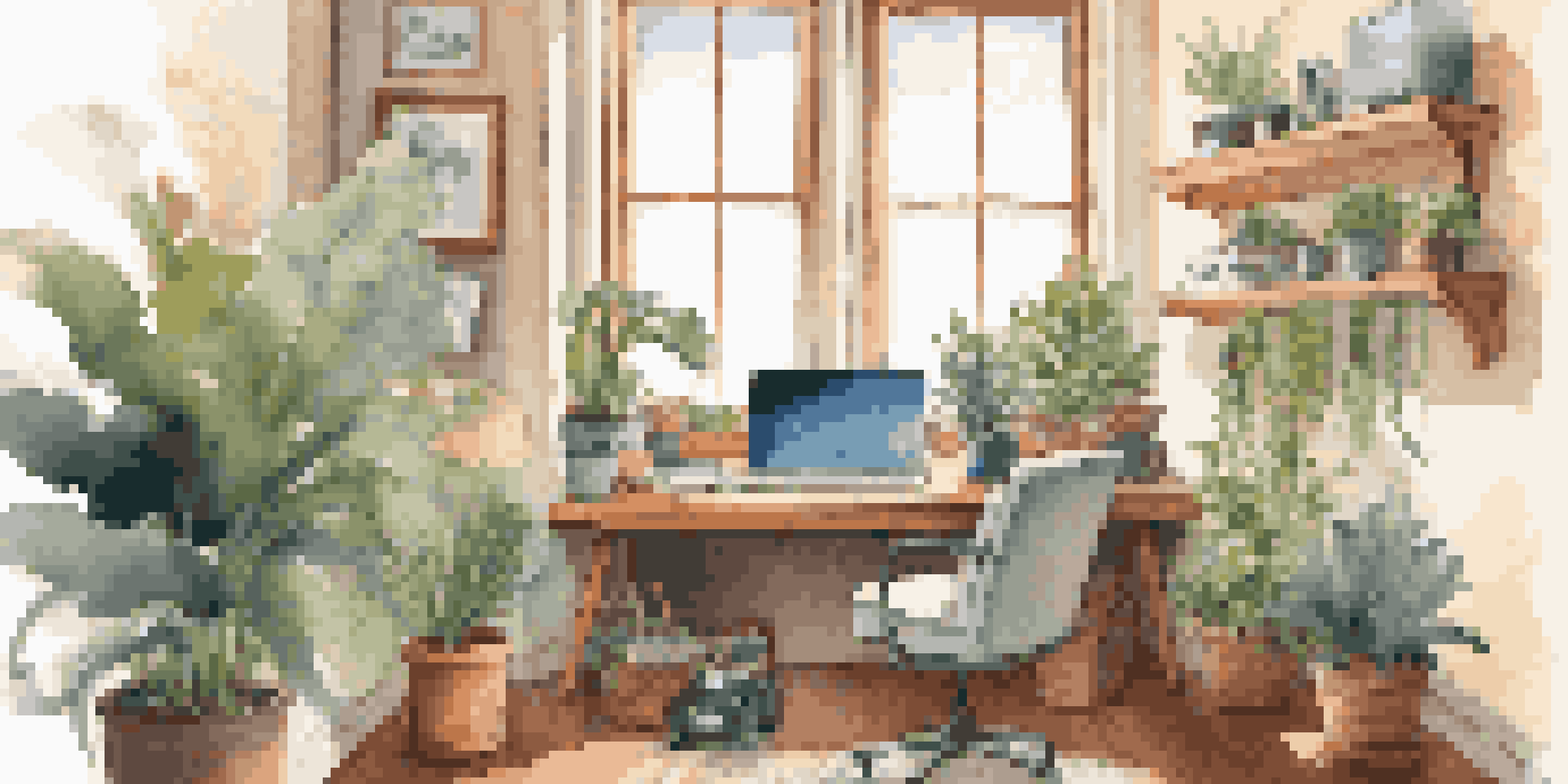 A person in a cozy home office participating in a video consultation with a healthcare provider, surrounded by plants and warm lighting.