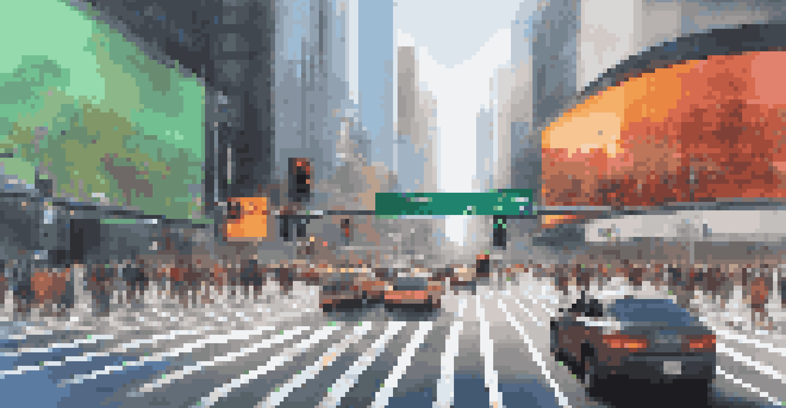 A busy urban intersection with dynamically adjusting traffic lights and smooth vehicle movement, showcasing pedestrian safety.