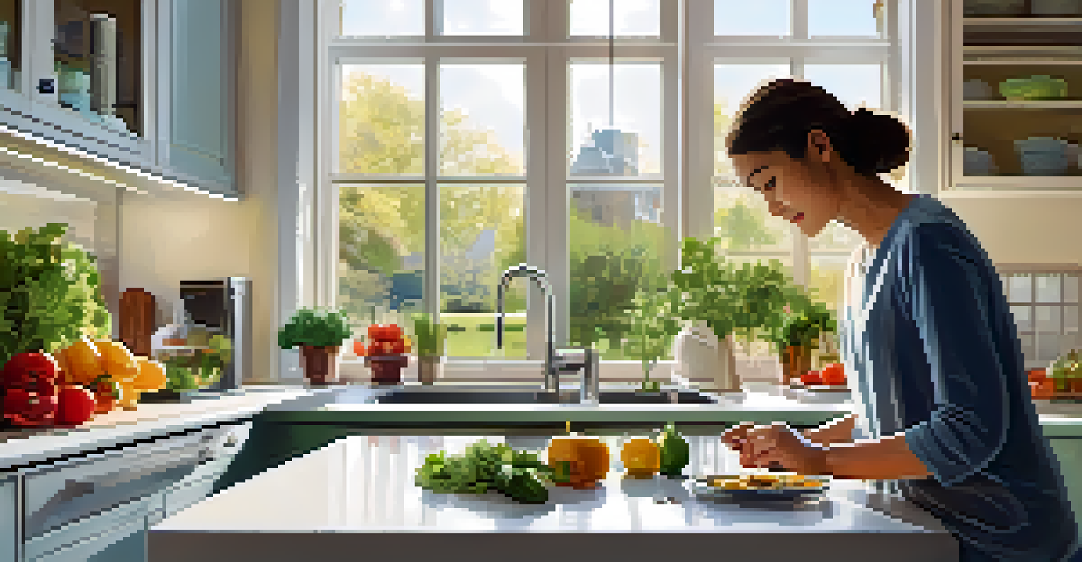 A bright kitchen with a person using a digital assistant to set a cooking timer, featuring fresh vegetables and a sunny garden view.