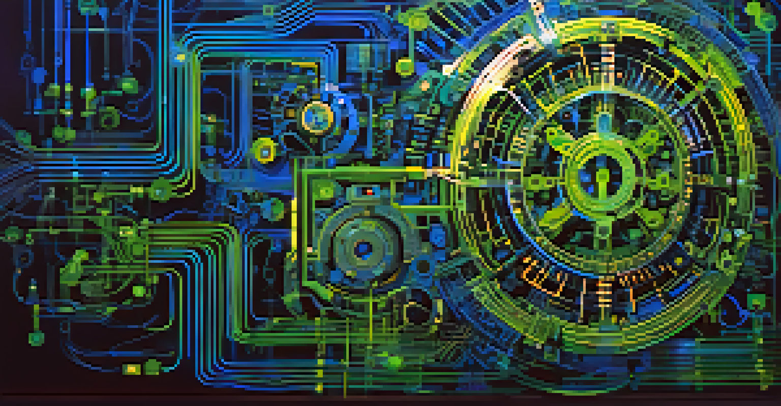 An abstract image of software automation featuring gears, circuits, and binary code in vibrant colors.