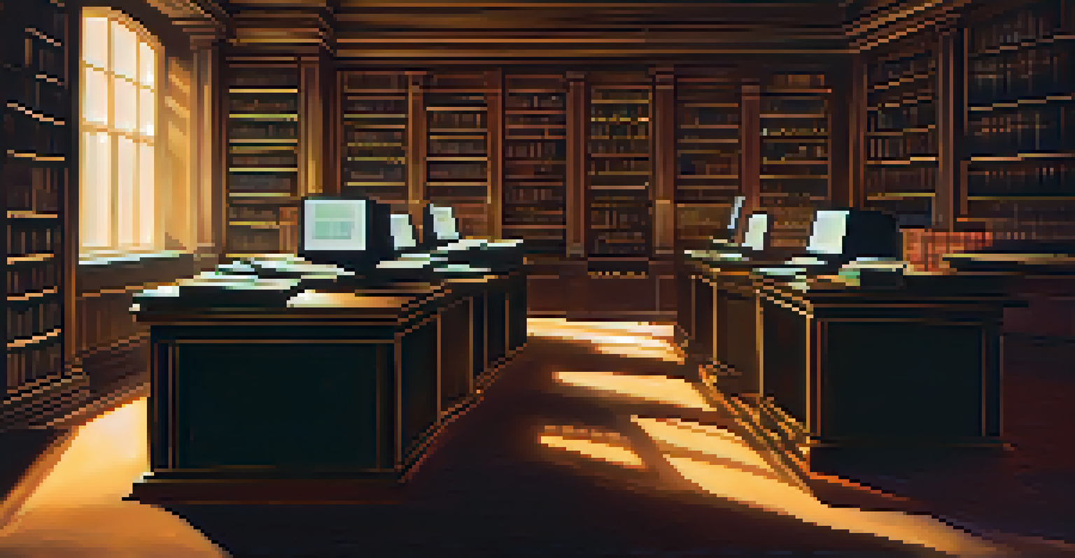 A digital library scene where shadowy figures rewrite books, symbolizing cybersecurity threats to data integrity with visual glitches.