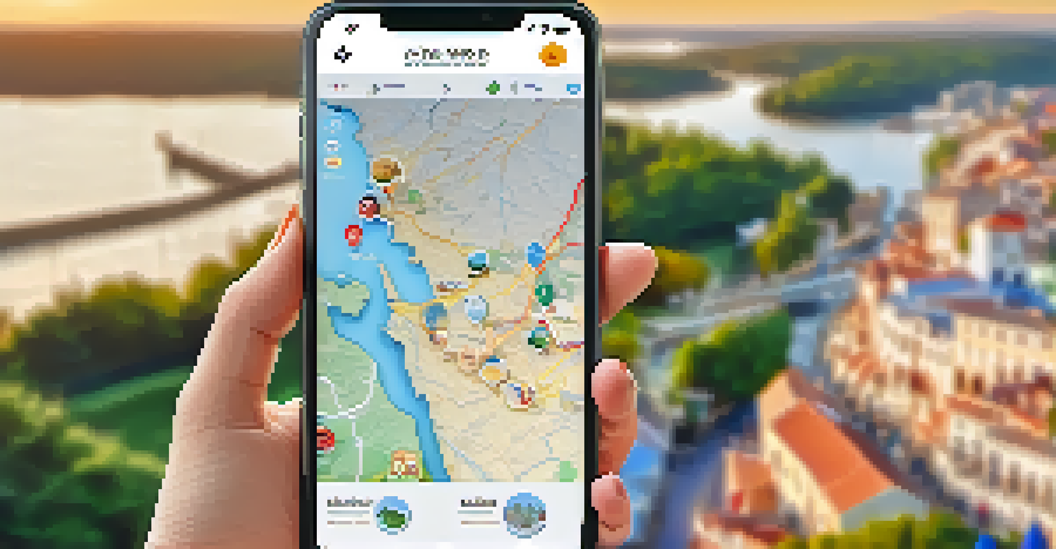 A smartphone displaying an interactive travel guide interface with a colorful map and travel items surrounding it.