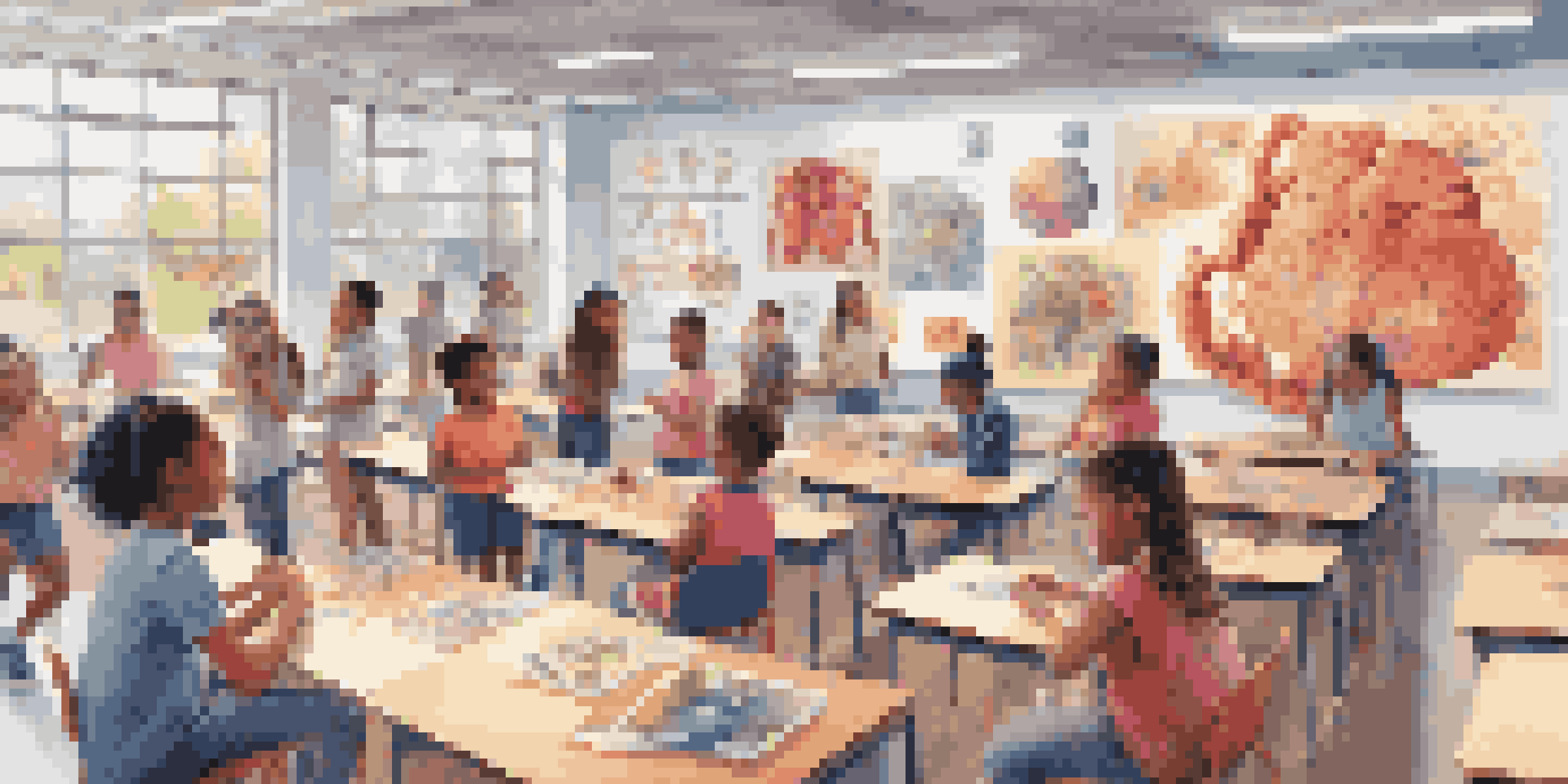 A classroom with students using AR headsets to explore a 3D human body model, surrounded by educational posters and natural light.