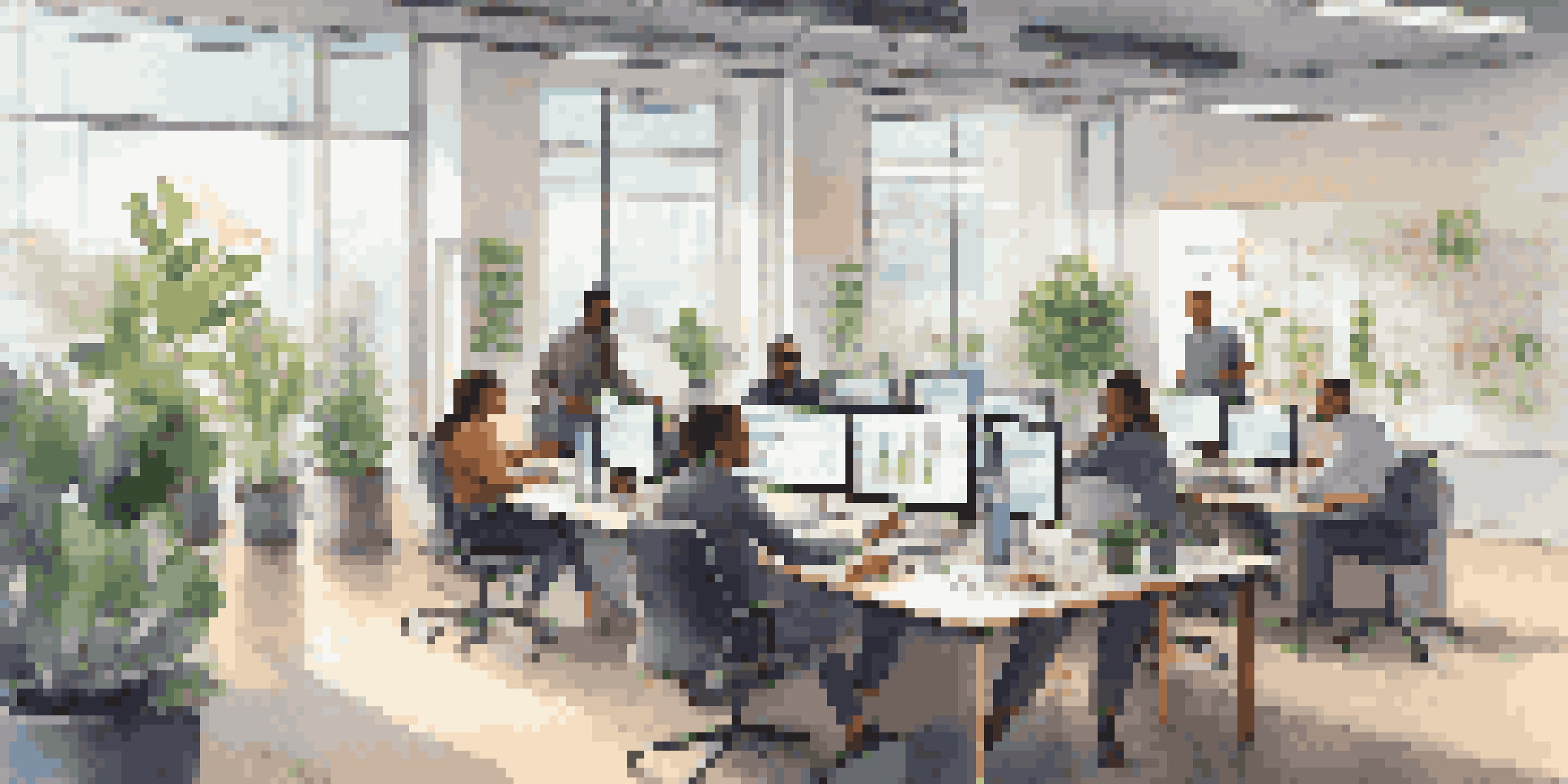 A diverse group of employees working together in a modern office, surrounded by digital screens and natural light.