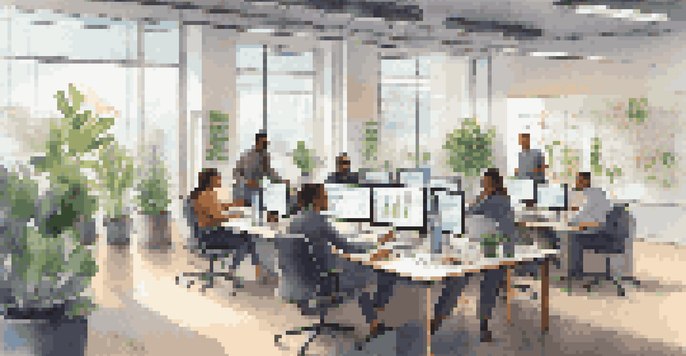 A diverse group of employees working together in a modern office, surrounded by digital screens and natural light.