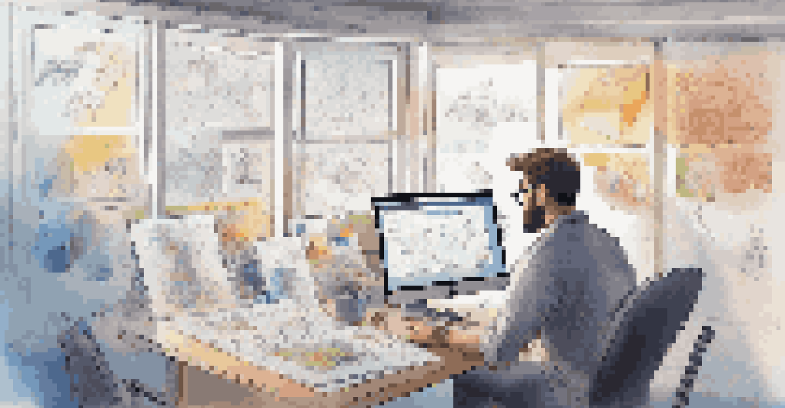 A designer working on visual storytelling for software, surrounded by sketches and digital screens with colorful graphics, illuminated by soft light.