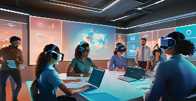 A diverse group of professionals wearing VR headsets, actively engaging in a virtual training session in a modern office setting.