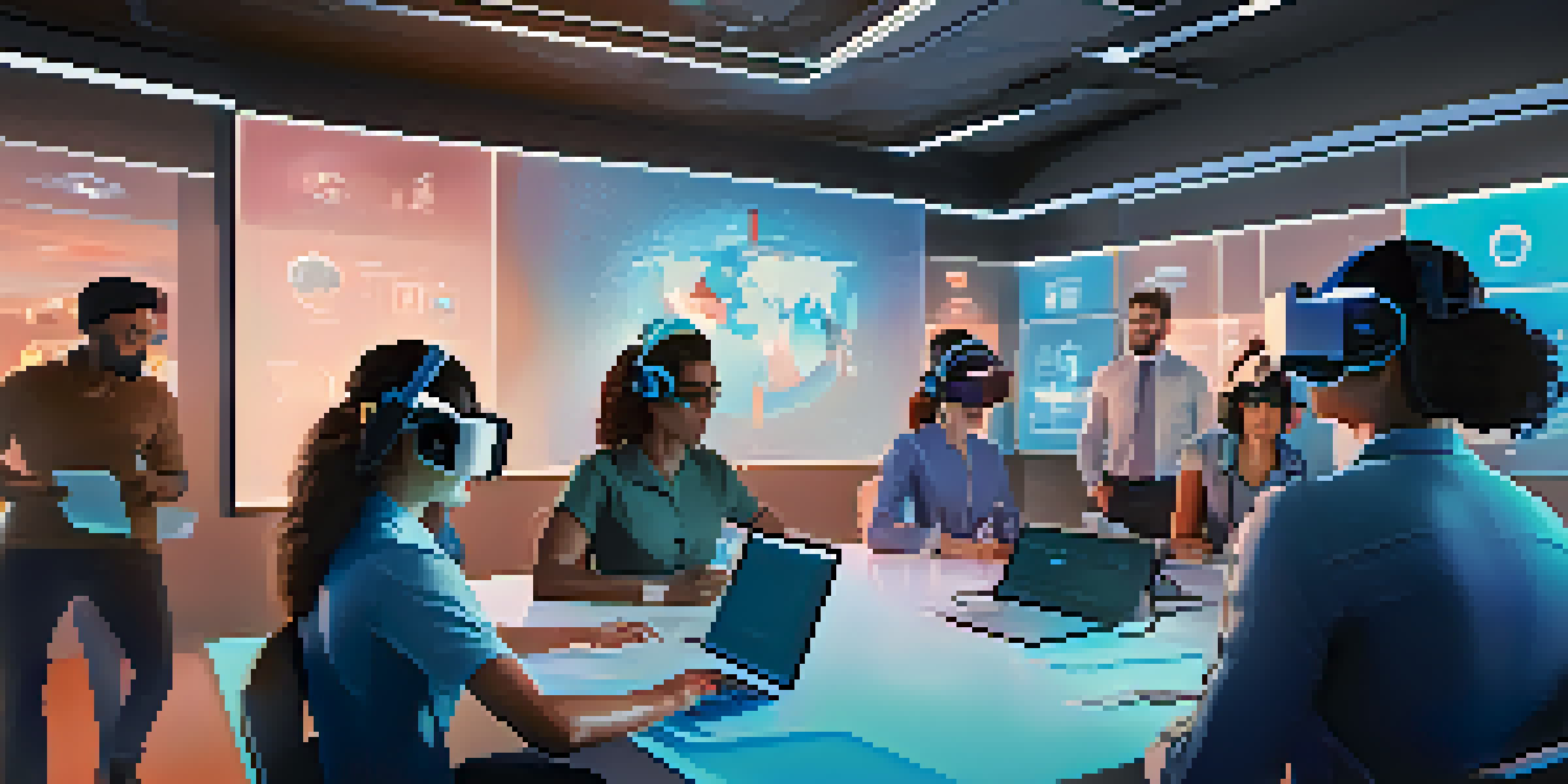 A diverse group of professionals wearing VR headsets, actively engaging in a virtual training session in a modern office setting.