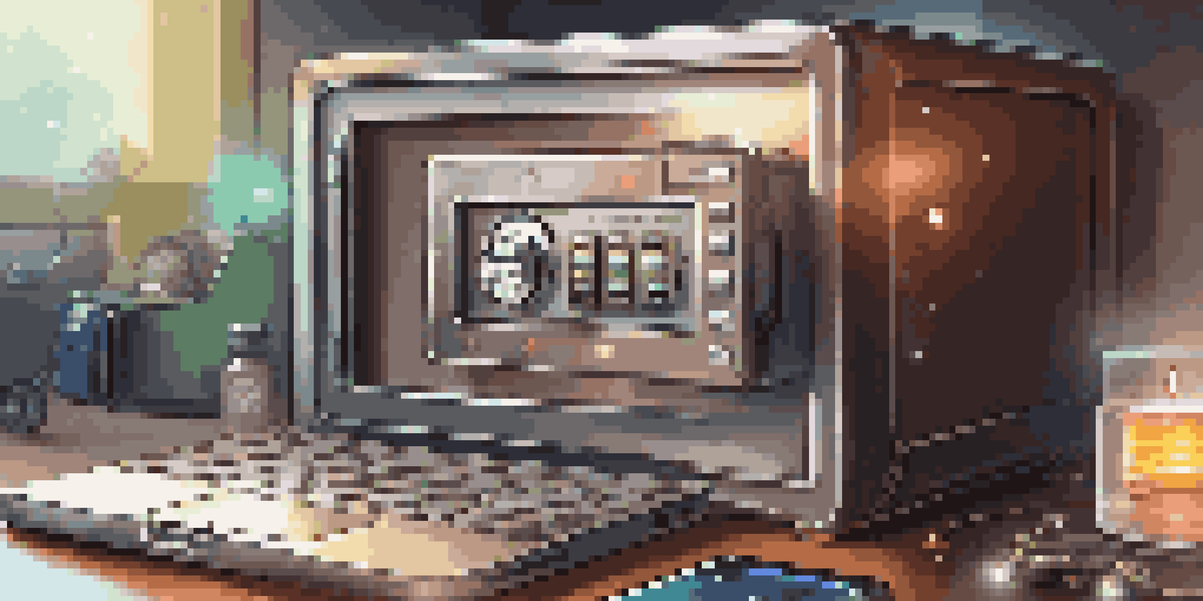 A close-up view of a locked digital safe with high-tech gadgets around it, highlighting digital security.